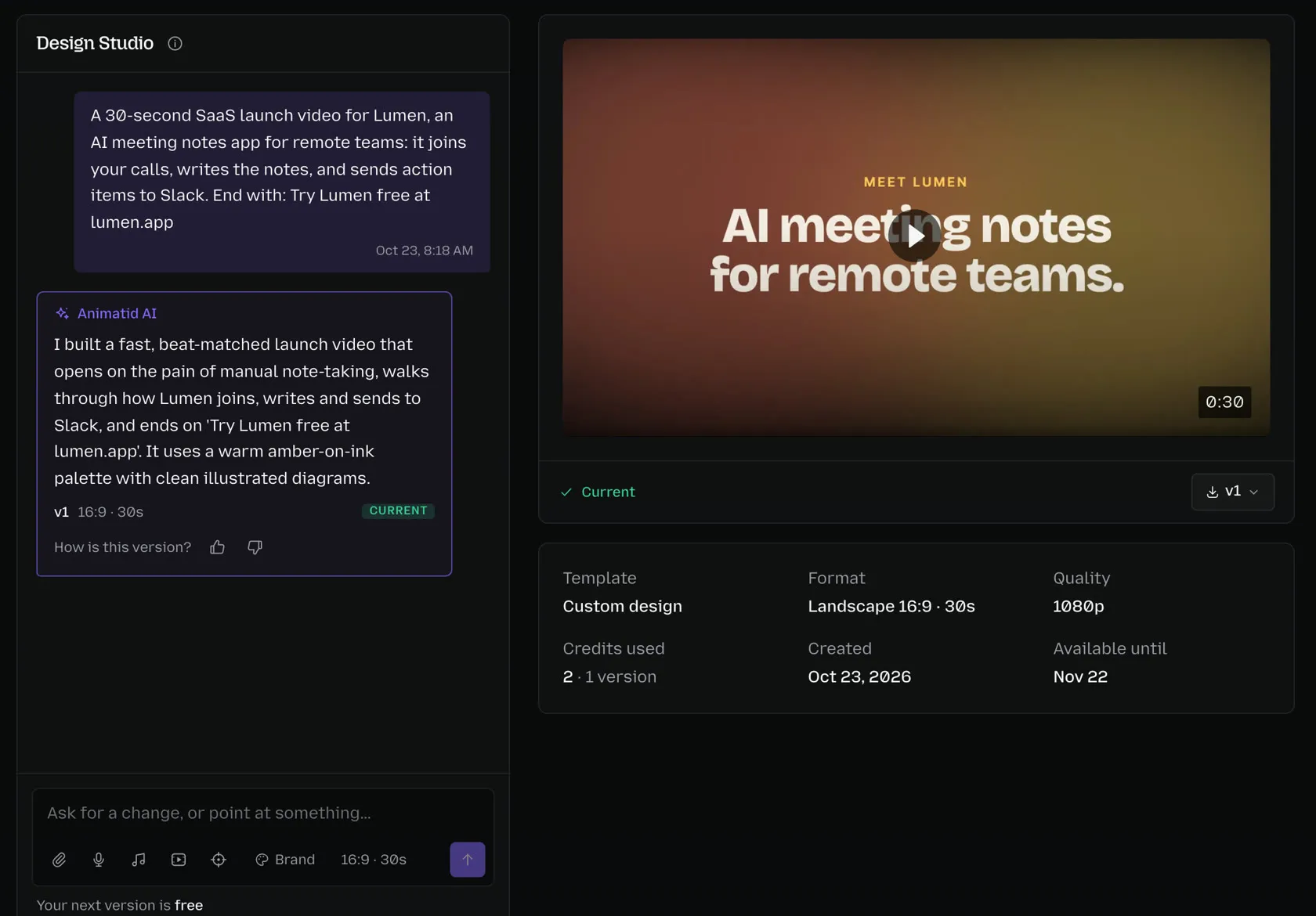 Animatid Design Studio: the customer's brief, Animatid AI's reply and the finished 16:9 video
