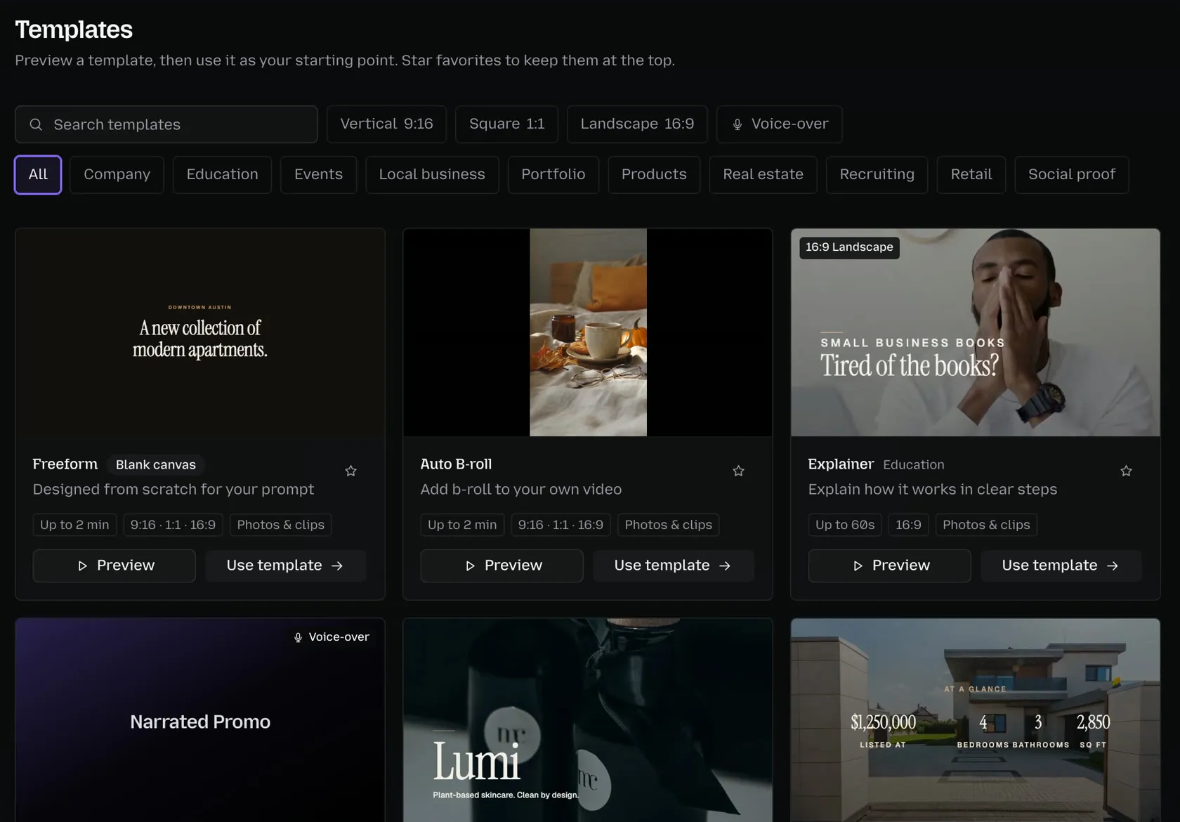 Animatid video templates with search and filters